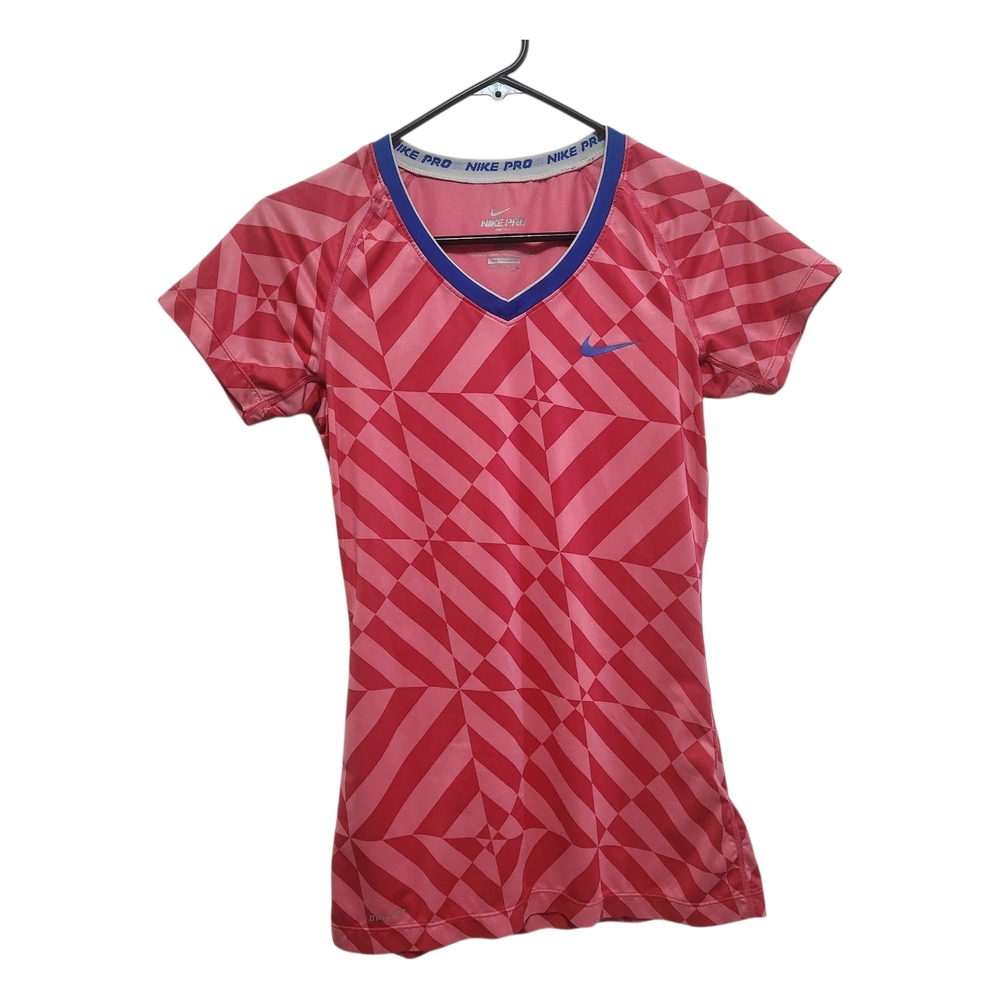 Nike Pro Dri-Fit Sz S Fitted Pink Red V neck Tshirt Top Short Sleeve Workout Geo